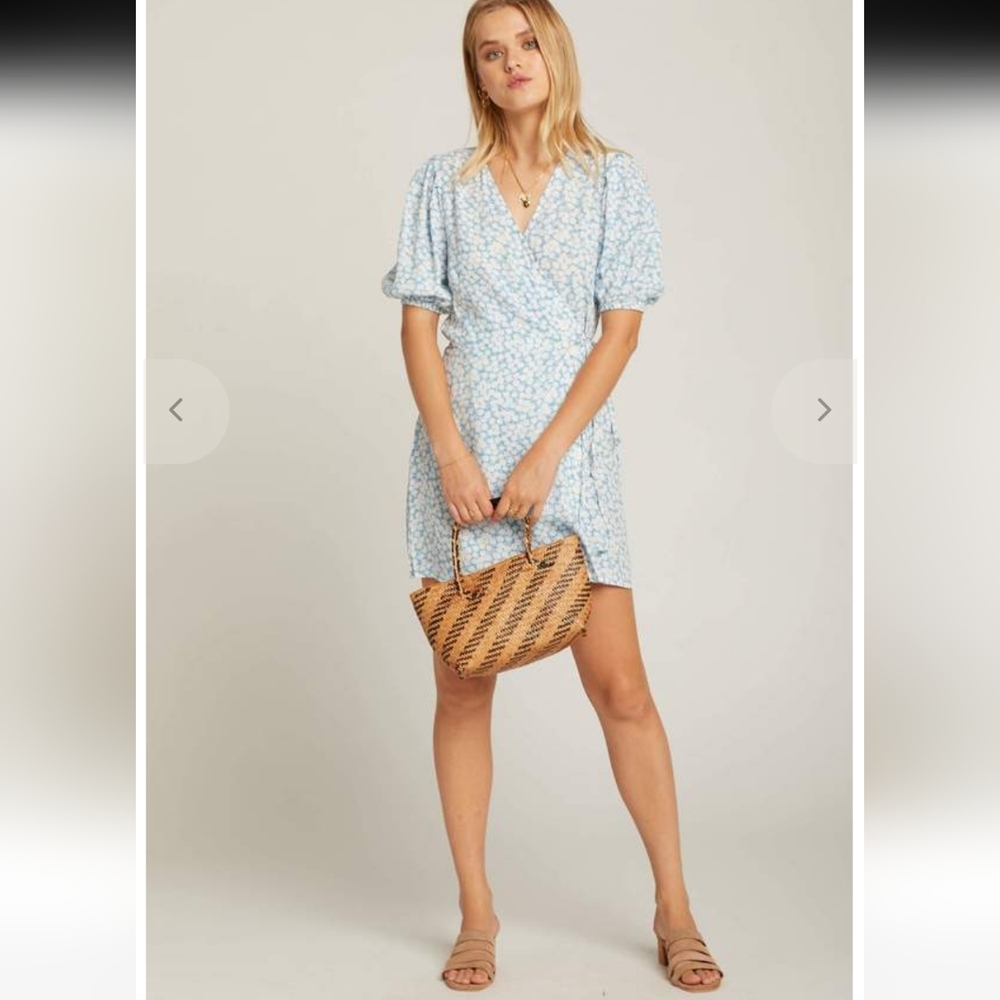 Faithfull the Brand Blanco Blue White Button Front Floral Wrap Mini Dress Size 2